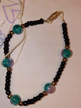 Handmade Black Bead Bracelet with Teal Glass Accent Beads